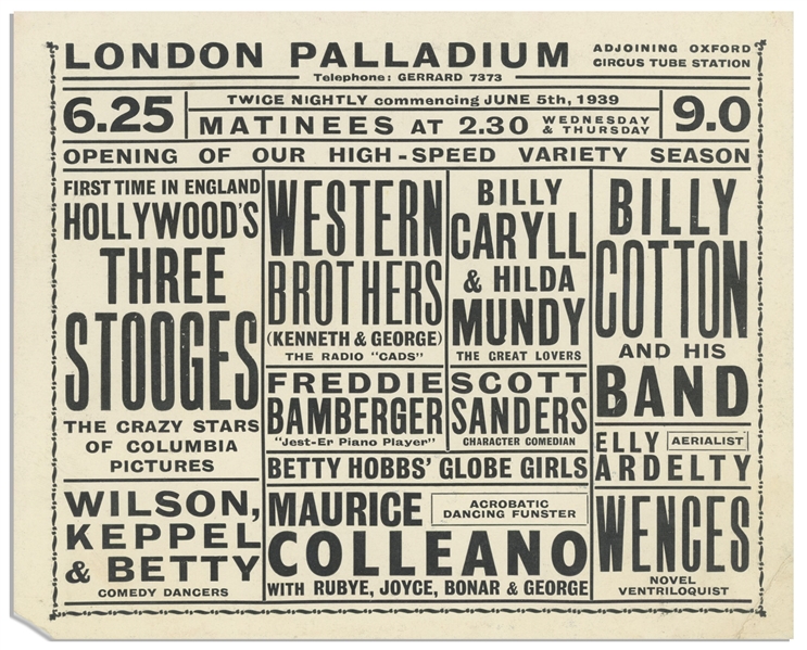Promotional Card From the London Palladium, Featuring The Three Stooges Show on 5 June 1939 -- Measures 6.5'' x 5.25'' -- Chip at Bottom Corner, Else Near Fine